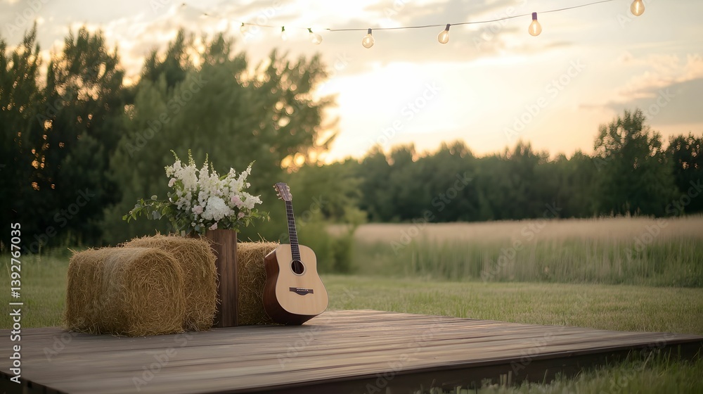 A serene outdoor scene featuring a wooden platform with hay bales, flowers, and a guitar, illuminated by string lights at sunset.