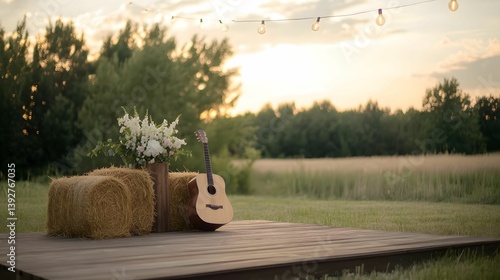 Obraz na płótnie A serene outdoor scene featuring a wooden platform with hay bales, flowers, and a guitar, illuminated by string lights at sunset. w salonie