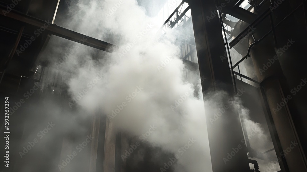 Interior view of industrial factory plant with smoke steam