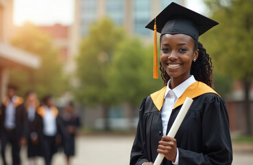 Portrait of smiling young african american woman in graduation gown, holding diploma. Happy female student celebrates degree achievement at university campus. Success concept.