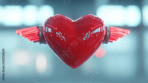 Shiny red heart with cybernetic wings, hovering over a neon-infused blurred sky, futuristic style, digital 3D render, glowing accents