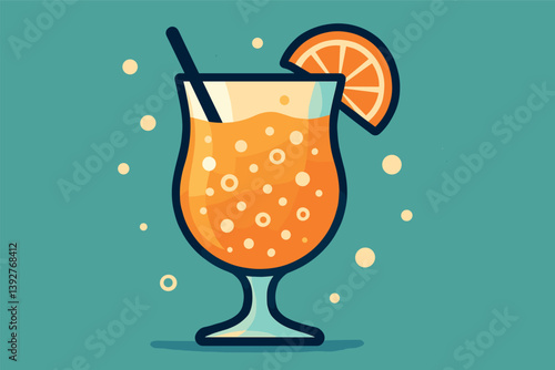 Refreshing orange citrus drink with bubbles and slice on a teal background