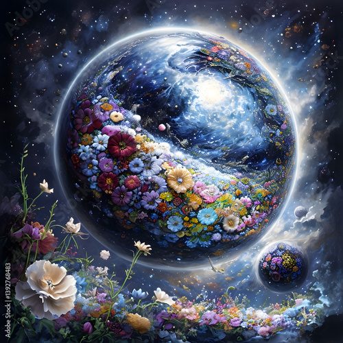 planet earth in space, Vibrant Cosmic Planet Surrounded By Floral Patterns And Stars