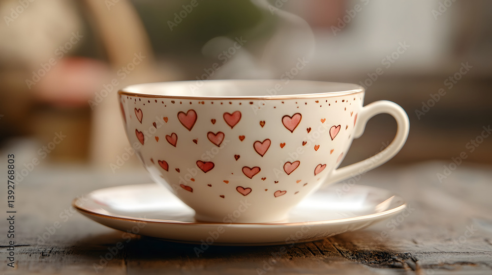 Fototapeta premium Steaming teacup with heart designs, evoking warmth and affection. The delicate cup and saucer create a cozy, inviting atmosphere.