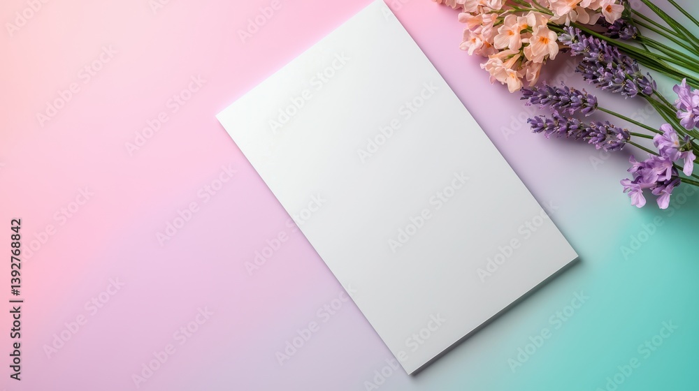 Blank Paper Surrounded by Colorful Flowers on Soft Pastel Background Blank Paper Surrounded by Colorful Flowers on Soft Pastel Background