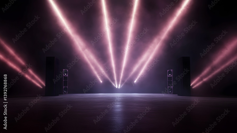 A vibrant scene featuring powerful speakers and dynamic light beams, creating an energetic atmosphere ideal for a party or concert setting.