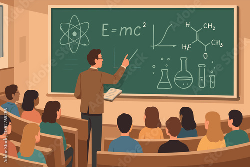 Science classroom lecture on physics and chemistry concepts with engaged students