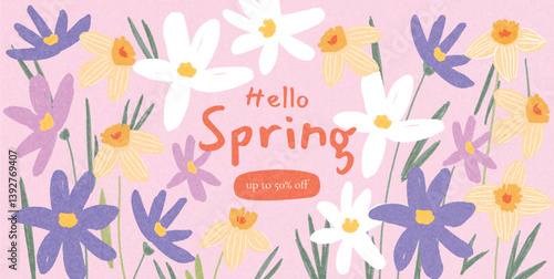 Hello Spring promotional banner with colorful hand-drawn flowers and bold typography. Decorative floral background in pastel tones. Vector flat illustration for seasonal marketing, ads, flyers, and