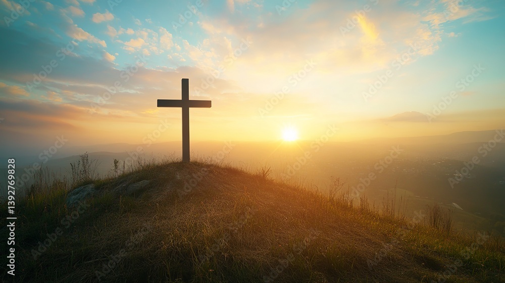 Christian cross on hill at sunrise faith hope love jesus christ easter good friday spiritual symbol 100 Christian cross on hill at sunrise faith hope love jesus christ easter good friday spiritual symbol 100