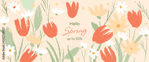 Hello Spring promo banner with tulips, daisies, and wildflowers. Hand-drawn floral elements and elegant typography on soft pastel background. Vector flat illustration for seasonal advertising, flyers