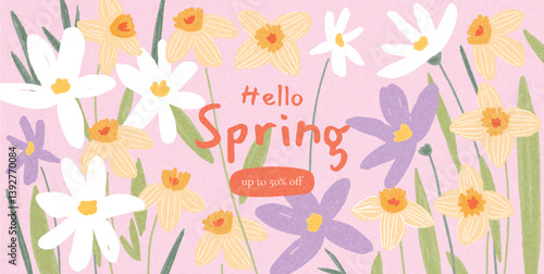Hello Spring promotional banner with hand-drawn daffodils, daisies, and crocuses. Decorative floral layout in pastel colors and bold typography. Vector flat illustration for seasonal marketing, flyers