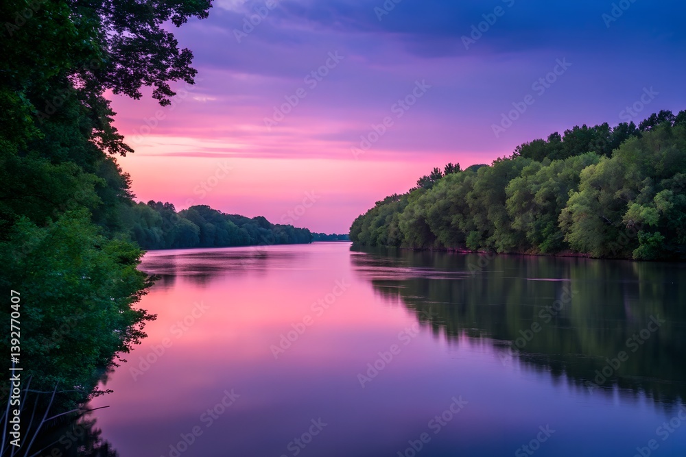 Obraz premium A calm riverbank at twilight, the water reflecting the soft pink and purple hues of the sunset, lush green trees lining the shore