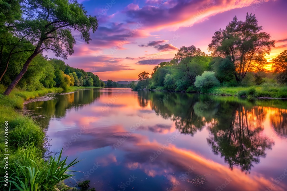 Obraz premium A calm riverbank at twilight, the water reflecting the soft pink and purple hues of the sunset, lush green trees lining the shore