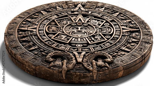 A detailed carving of the Aztec calendar stone, featuring symbols related to their understanding of the universe, presented as an archaeological find against a plain white backdrop.  
