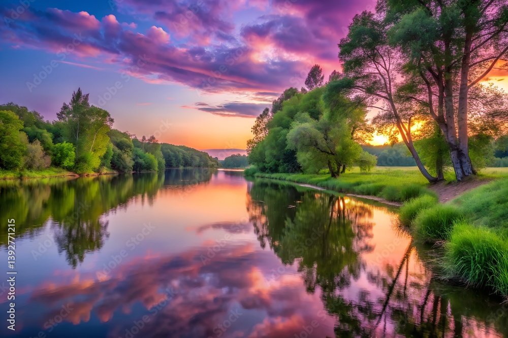 A calm riverbank at twilight, the water reflecting the soft pink and purple hues of the sunset, lush green trees lining the shore A calm riverbank at twilight, the water reflecting the soft pink and purple hues of the sunset, lush green trees lining the shore