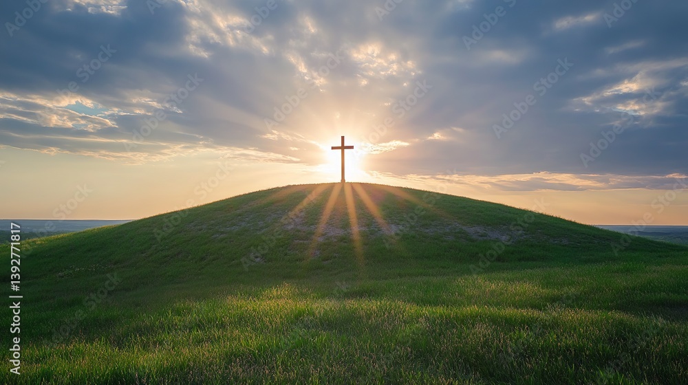 Obraz premium Christian cross on hill at sunset easter background religious symbol of faith and hope christianity scene