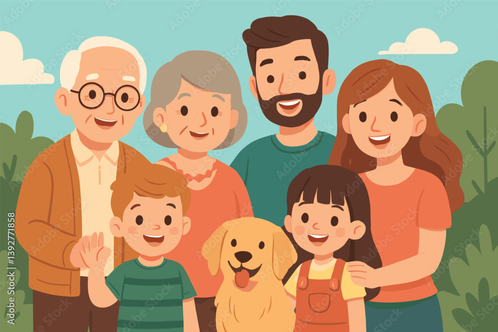 Happy multigenerational family with dog outdoors on bright day Happy multigenerational family with dog outdoors on bright day