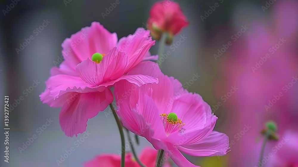 Fototapeta premium Pink flowers with green centers gracefully growing in garden setting