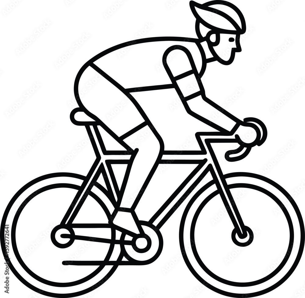 Fototapeta premium Black and white minimalist cyclist line drawing. Geometric road bike rider in motion. Clean and bold cycling silhouette.