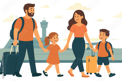Happy family traveling at airport with luggage and smiles - perfect for travel and vacation concept