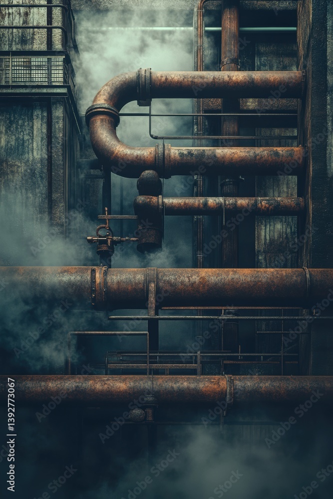 Interior view of industrial factory plant with smoke steam