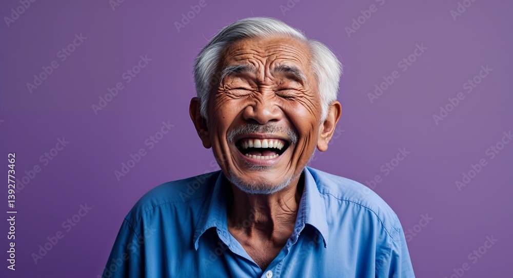 Indonesian elderly man on purple plain bright background happy laughing hysterical looking at camera portrait banner with copy space ad concept marketing