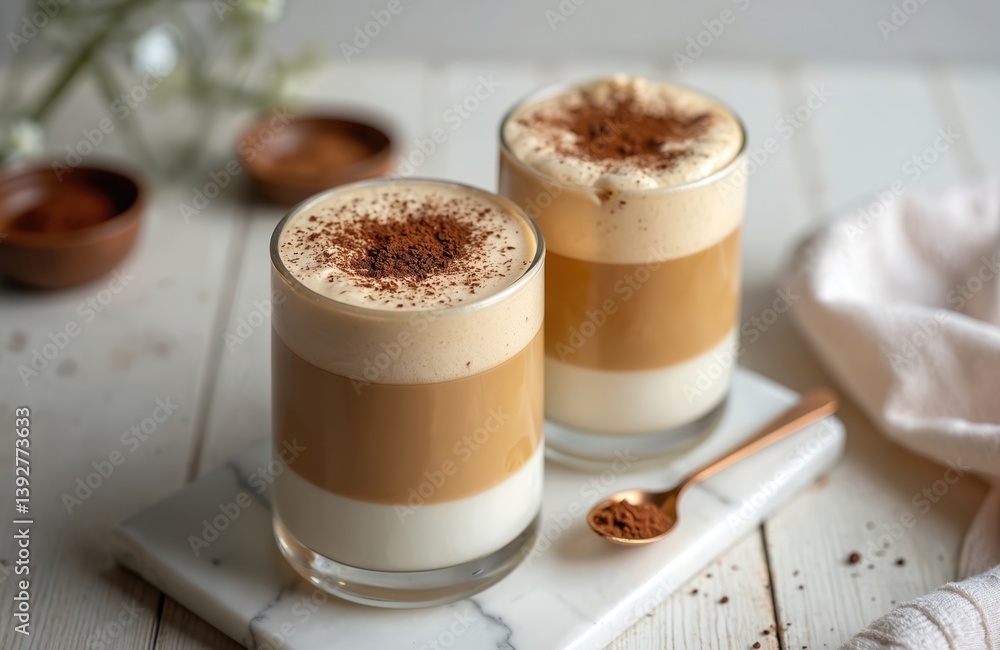 Dalgona coffee in glasses on white table. Whipped instant coffee with layers. New drink trend beverage with coffee, milk. Delicious, sweet refreshment dessert. Cafe menu. Summer vibes. Dalgona coffee in glasses on white table. Whipped instant coffee with layers. New drink trend beverage with coffee, milk. Delicious, sweet refreshment dessert. Cafe menu. Summer vibes.