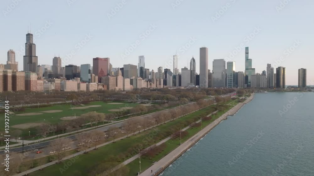 Aerial view of the Chicago Loop and Millennium Park on a spring morning Aerial view of the Chicago Loop and Millennium Park on a spring morning