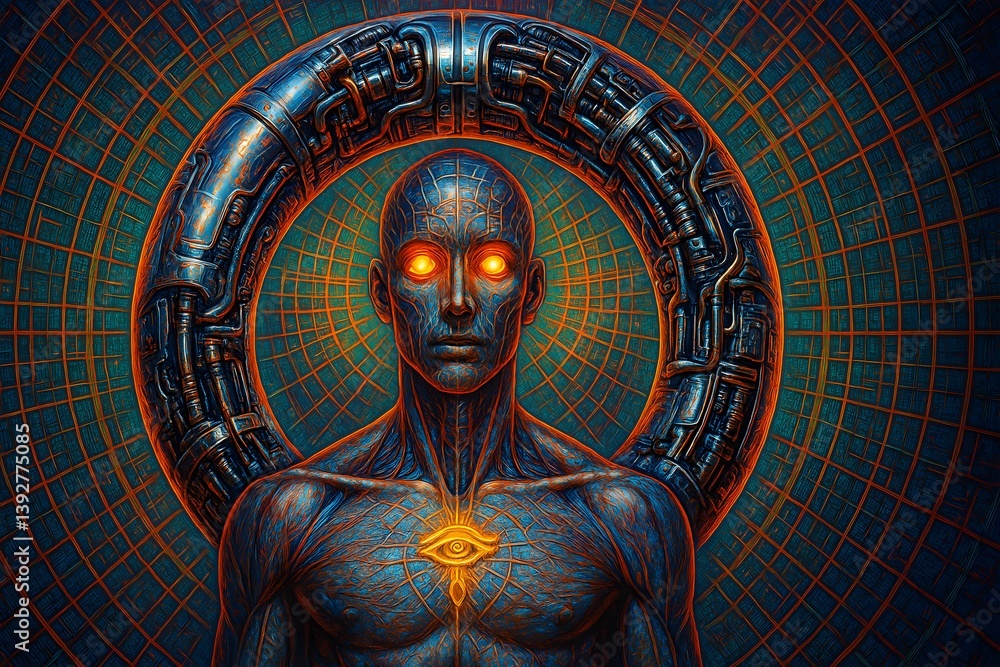 Obraz premium Surreal figure with glowing eyes and intricate patterns in a vibrant, futuristic space