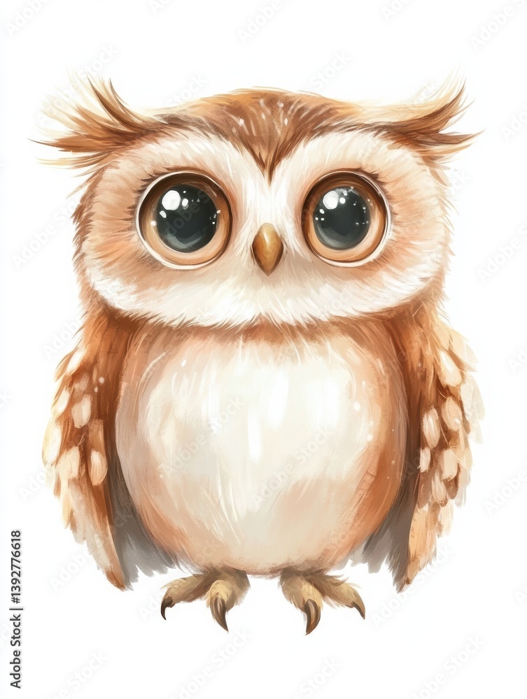 Obraz premium Charming owl with spread wings sits calmly against a white background showcasing its soft feathers and expressive eyes