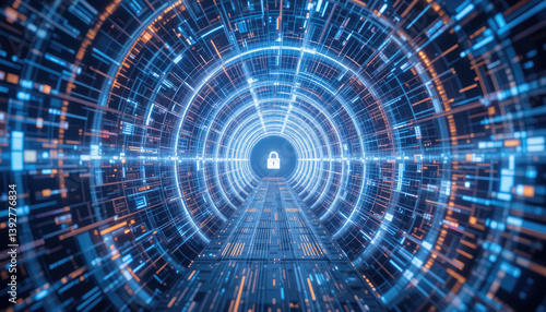 A digital tunnel filled with vibrant blue and orange lines, converging towards a central lock symbol, representing cybersecurity and data protection.