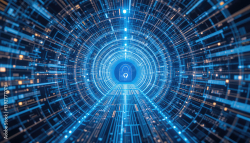 A futuristic digital tunnel with glowing lines and a padlock symbol, representing cybersecurity and data protection.