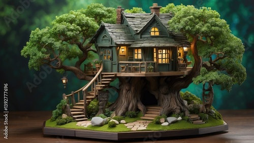 a close up of a small tree house with a swing