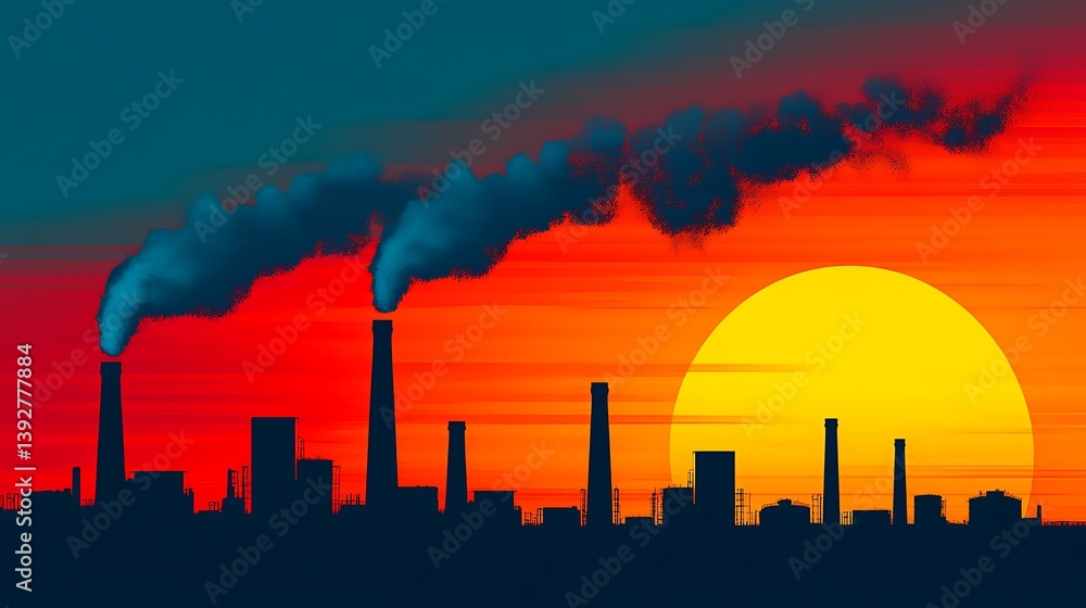Obraz premium Sunset Over Industrial Cityscape: Pollution and Industry at Dusk