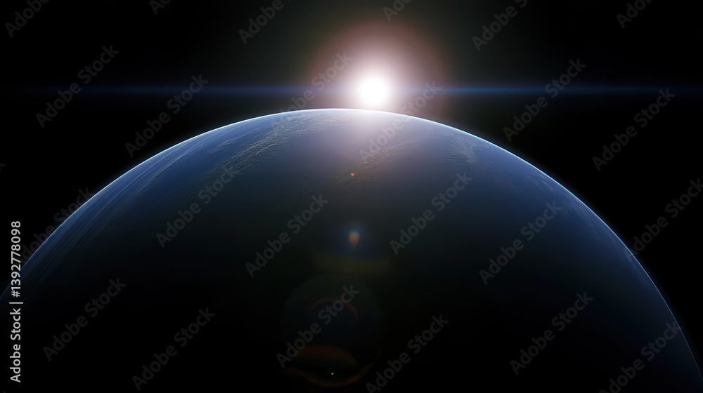 Obraz premium Giant planet with bright sun in sci-fi deep space scene, intense lighting on textured surface with high contrast.