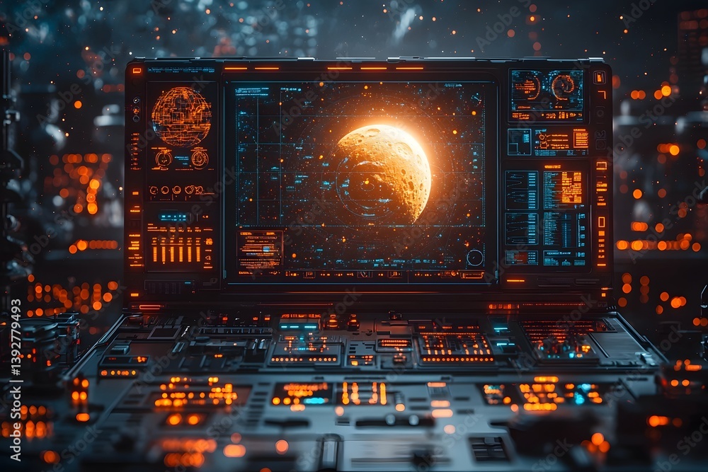 Obraz premium Holographic workstation in a futuristic sci fi laboratory displaying planetary data and asteroid trajectories