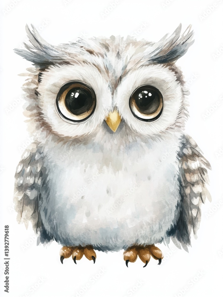 Naklejka premium Cute owl with wings spread sitting calmly against white background showcasing soft feathers and detailed eyes
