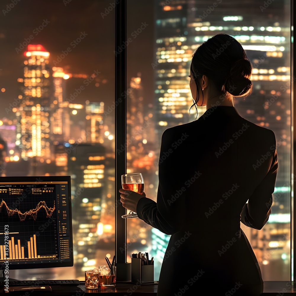Ambitious Businesswoman Overlooking the City from Her Executive Office at Night