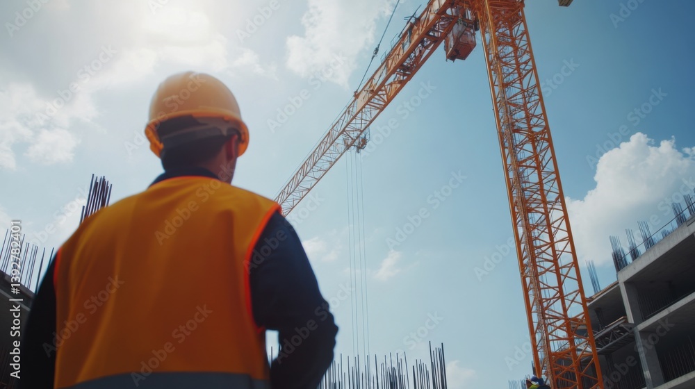 A crane operator guiding the lifting of building materials. Featuring control and coordination A crane operator guiding the lifting of building materials. Featuring control and coordination