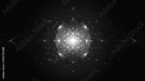 Abstract glowing geometric structure in dark space.