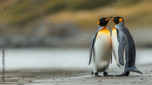 Two king penguins showing affection, heart-shaped steam above.