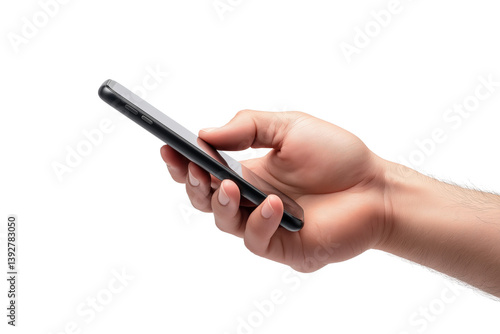 Close-up of a hand holding a black smartphone against a transparent background.
