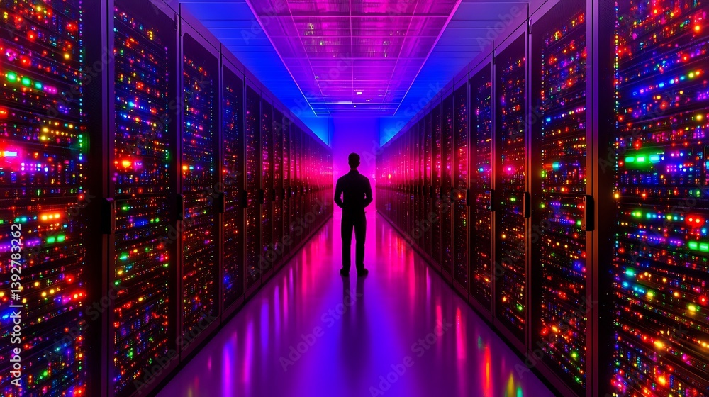 Obraz premium A Silhouette of a Technician in a Vibrant Data Center
