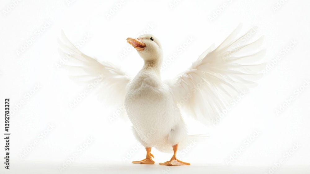 Fototapeta premium Duck jumps with wings wide open in a humorous freeze-frame on a bright white background showcasing its playful nature