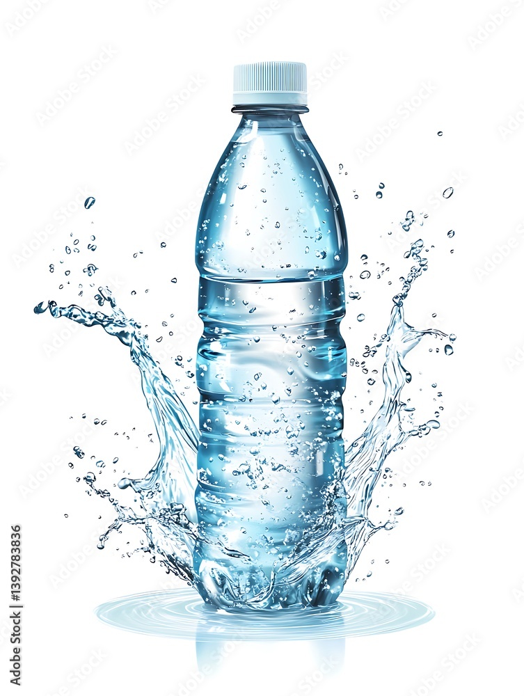 A water bottle with splashes of clean and refreshing water against a white background