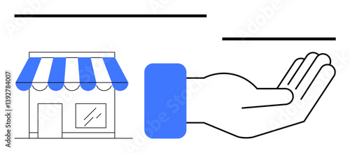 Storefront with striped awning and outstretched hand symbolizing support, growth, and collaboration. Ideal for finance, economy, partnership, entrepreneurship, investment, business aid community