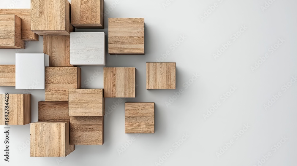 Geometric wooden cubes forming an openspace shelving unit with a clean, modern aesthetic Geometric wooden cubes forming an openspace shelving unit with a clean, modern aesthetic