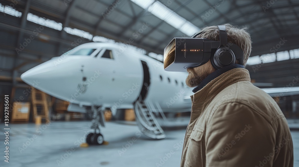 Man in VR headset inspecting private jet in hangar. Man in VR headset inspecting private jet in hangar.