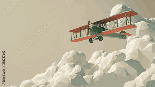 Low poly WWI biplane flying above abstract clouds with flat colors and minimalist design
