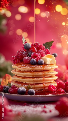 Delicious pancakes stacked high with fresh berries and drizzled with syrup. A perfect breakfast treat for all occasions and a delightful experience. Generative AI